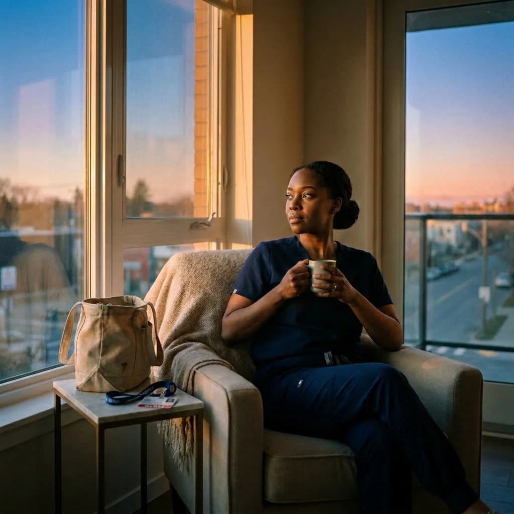 Infirmière de nuit en récupération au petit matin après sa garde, assise près d'une fenêtre avec une tasse.